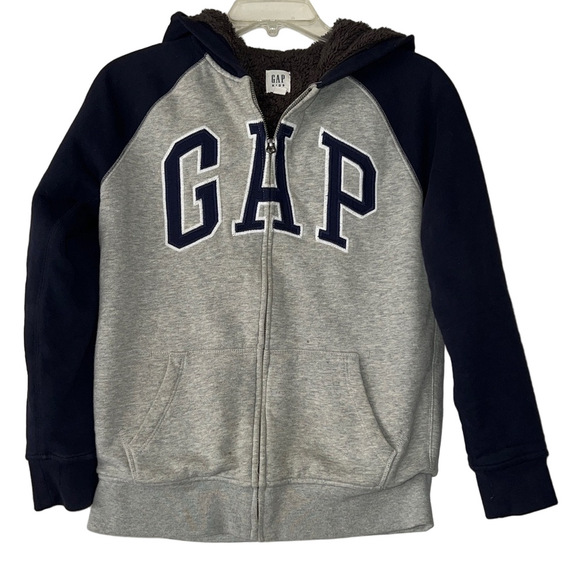 GAP Kids Gray and Navy with Brown Sherpa Lining Zip Hoodie - Picture 1 of 12